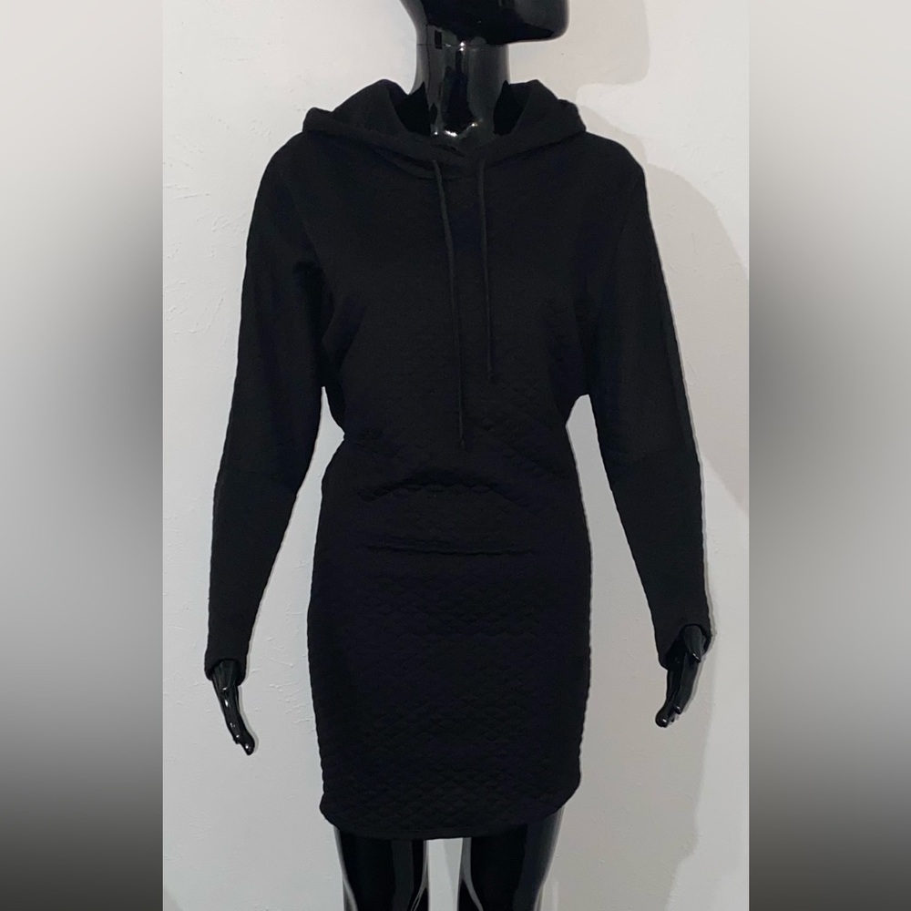 K Too Black Quilted Soft Long Sleeve Hoodie Fitted Bodycon Dress Size Small - Picture 1 of 7